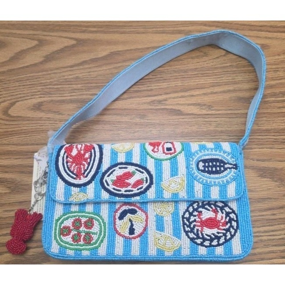 India Beaded Lobster Crab Seafood Plate Lemons Nautical Striped Shoulder Bag NWT